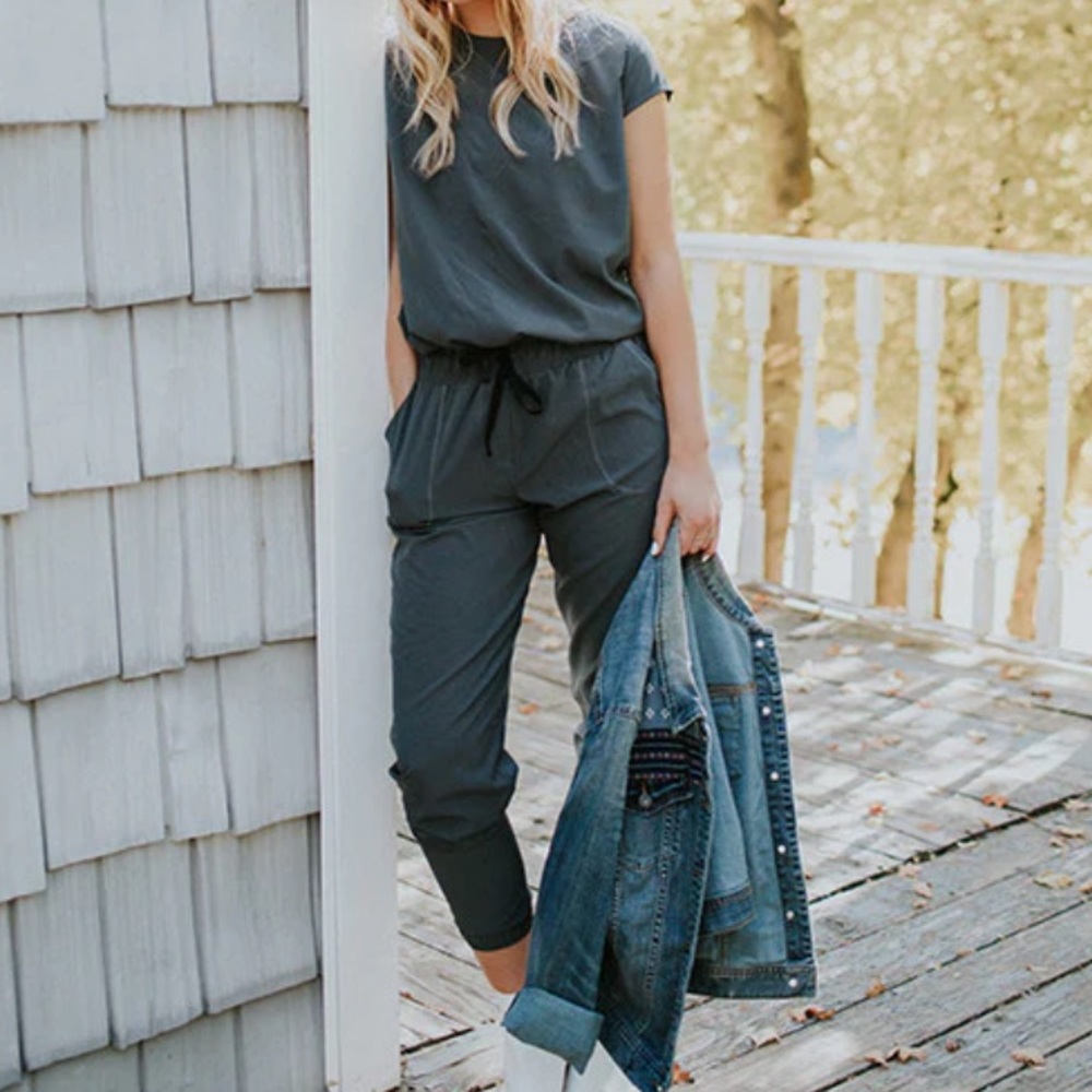 Albion Fit Jumpsuit Athleisure casual granite grey jogger pant lightweight